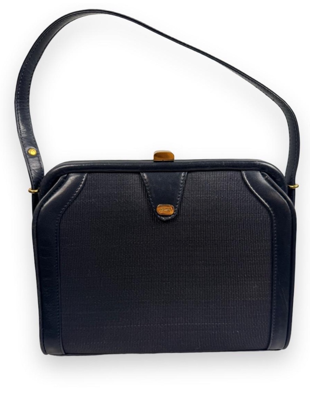 Vintage 60s German-made Exolique hand-woven horsehair shoulder bag navy gold